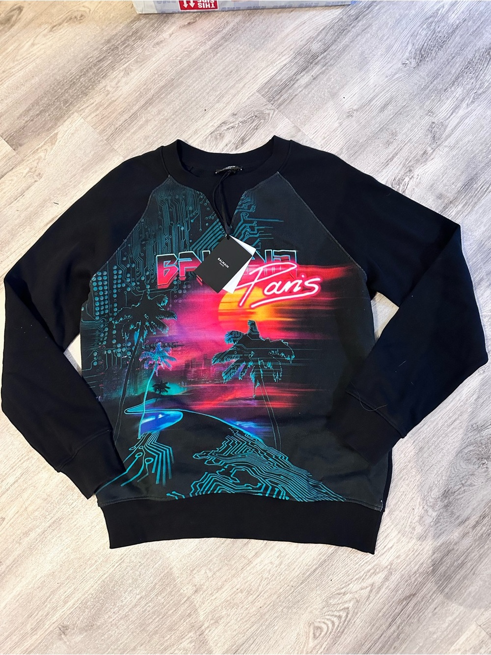 Balmain Black Crewneck with Neon Sunset Graphic